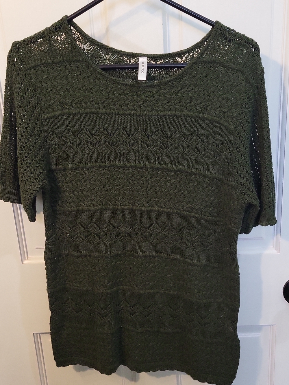 Olive Textured Knit Scoop Neck Sweater - Lightweight Short Sleeve